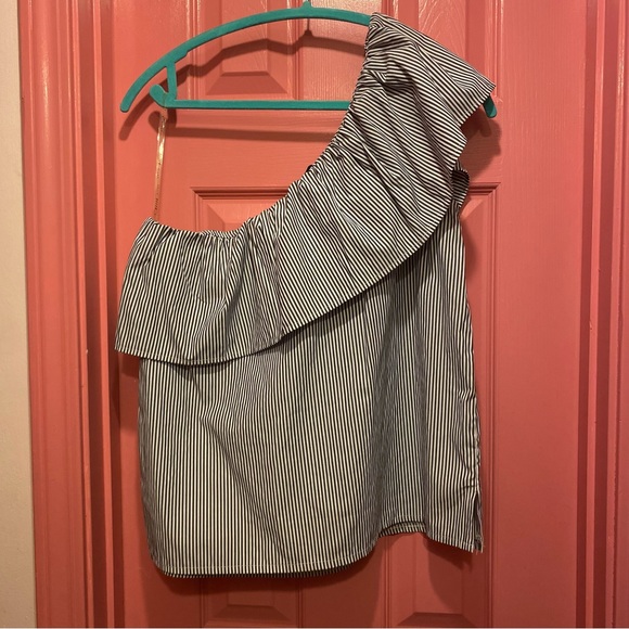 Haute Monde Blue Pinstripe One Shoulder Ruffle Top - Picture 5 of 7